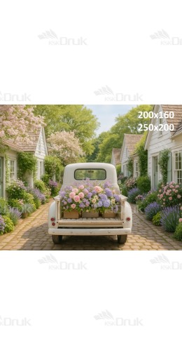 Tło fotograficzne „Biała ciężarówka w kwiatowej alei cottage” | E_731